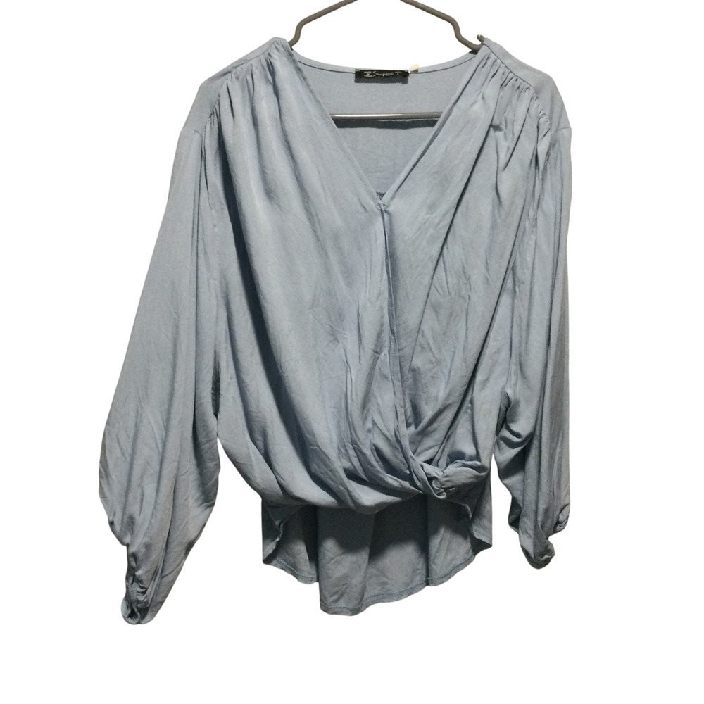 SimpLee Women's Light Blue Long Sleeve V-Neck Knot Front‎ Blouse Top size L